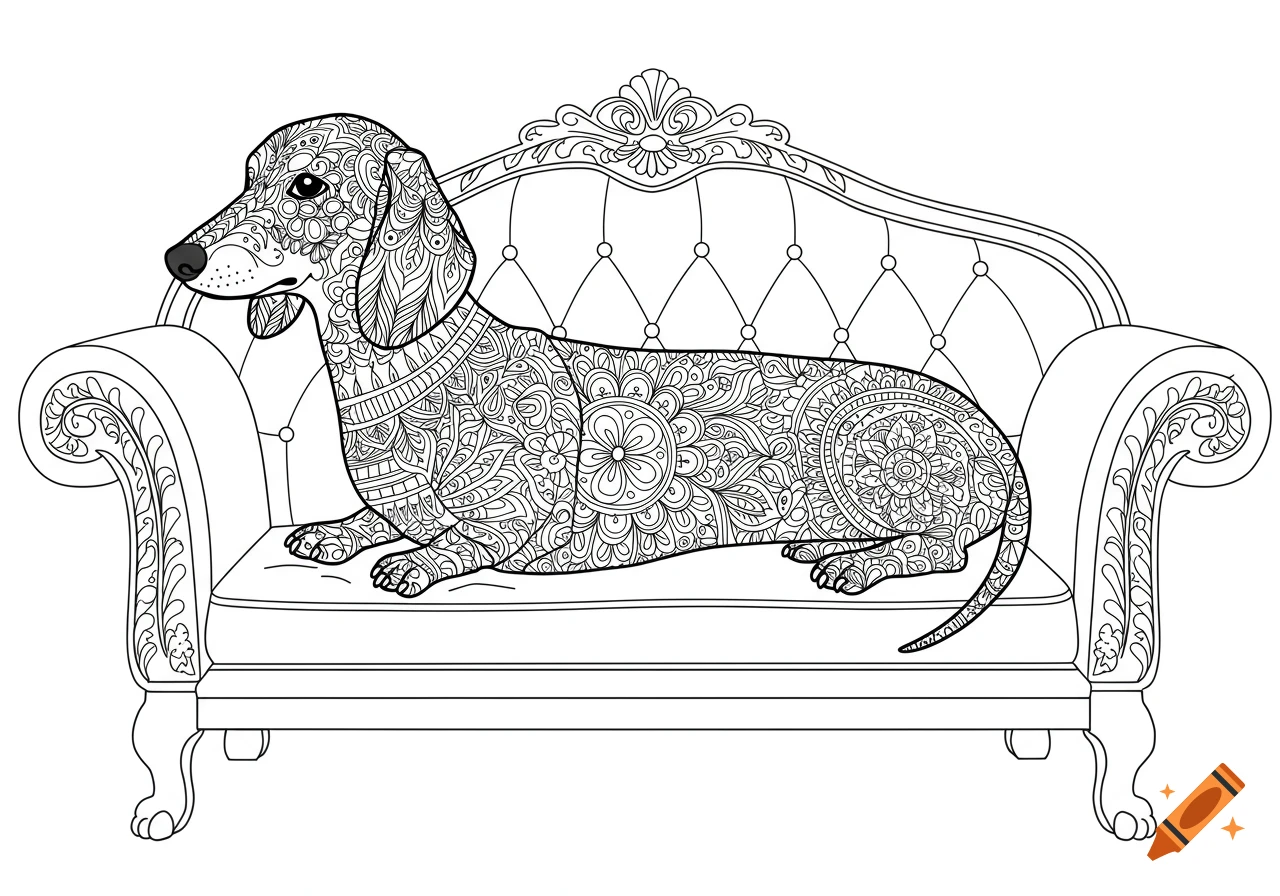 Black and white line art of a dachshund with intricate mandala and zentangle patterns, lying on an ornate sofa, in coloring book style.