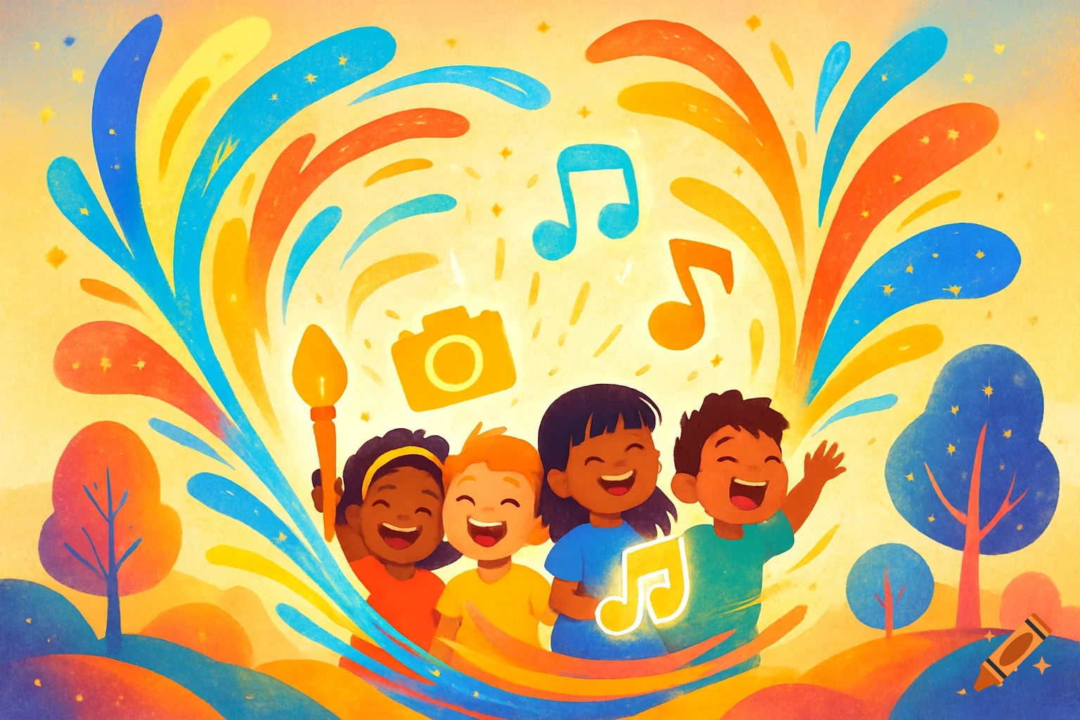 Vibrant illustration of four smiling children surrounded by colorful artistic splashes, music notes, a camera, and a paintbrush.