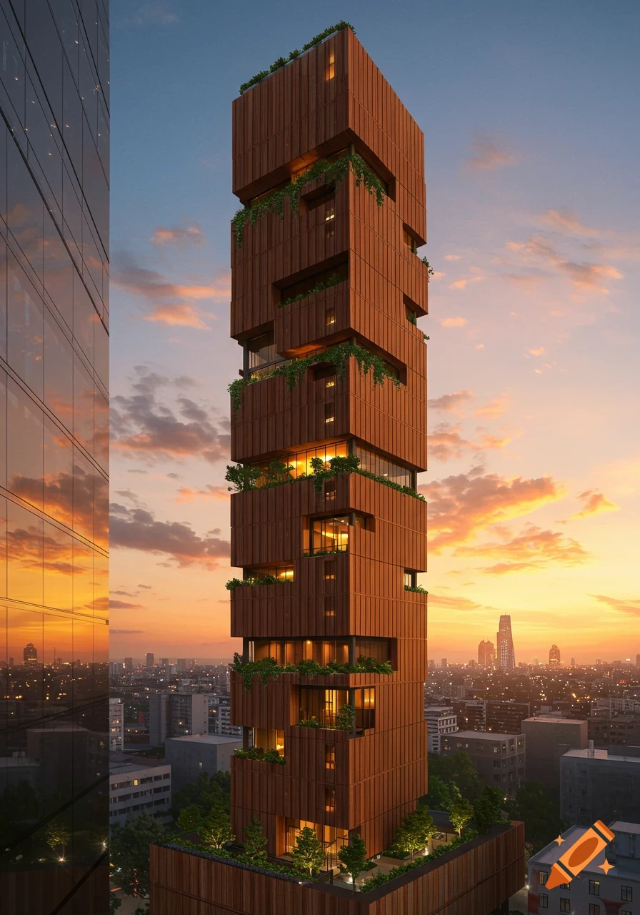 A tall, modern wooden skyscraper with integrated greenery, illuminated by a warm sunset, towering over a city skyline.