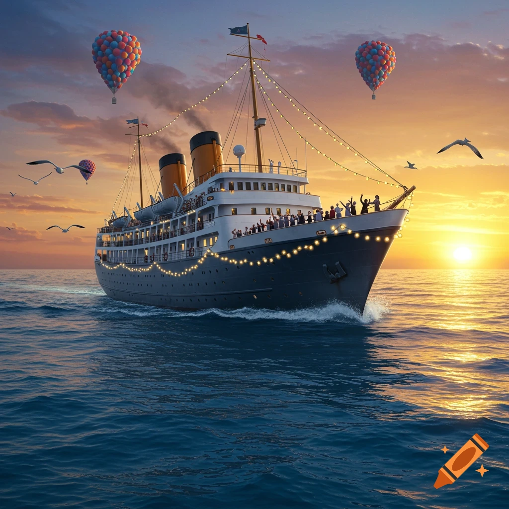 A large cruise ship decorated with lights sails on the ocean at sunset with hot air balloons in the sky.