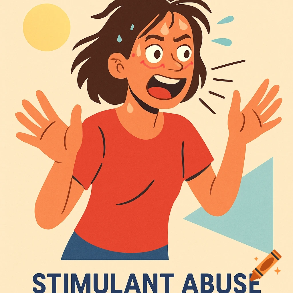 Flat illustration of a distressed woman sweating with messy hair and wide eyes, hands raised, with text "STIMULANT ABUSE" below.