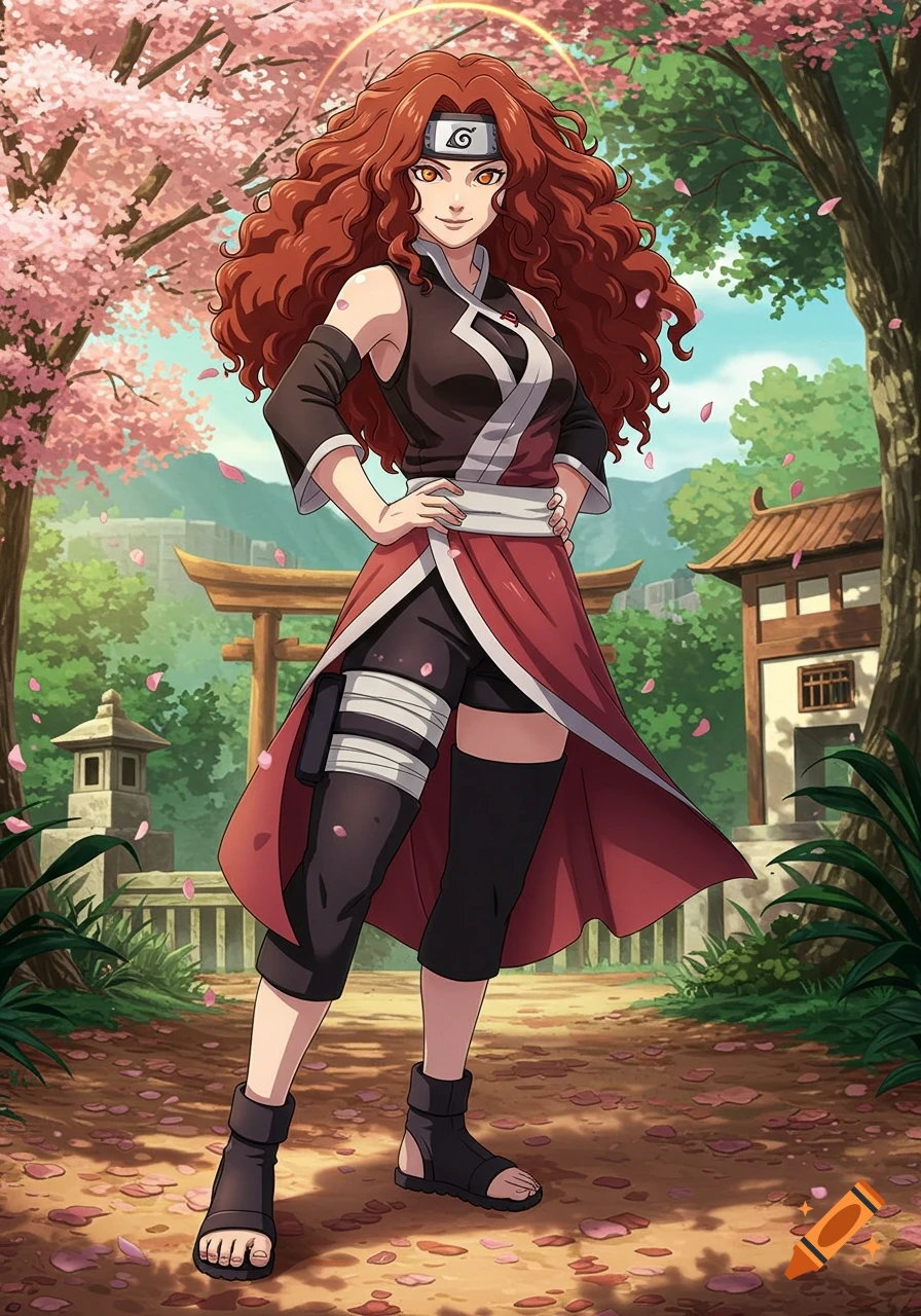 Anime style Hidden Leaf ninja with auburn curly hair, in a black and red uniform, stands in a cherry blossom garden.