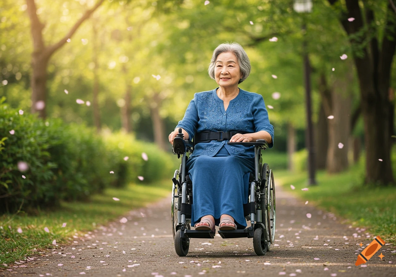 A smiling elderly Asian woman in a motorized wheelchair on a sunny park path with falling pink petals.