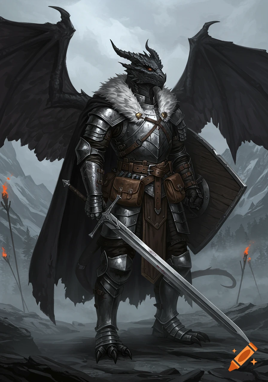 A black Dragonborn warrior in dark plate armor with a fur collar, wings ...