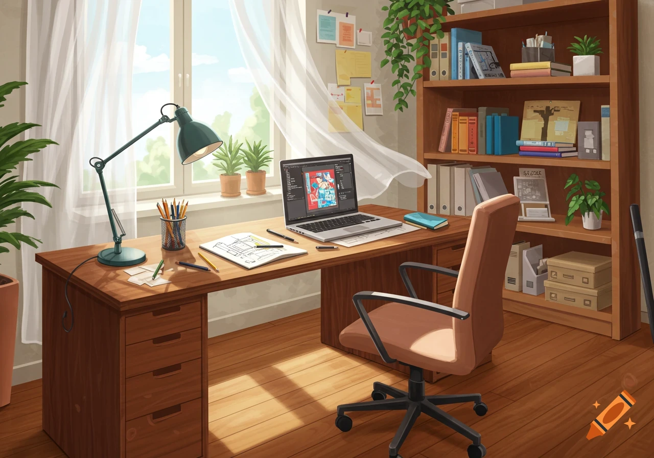 An illustrated home office with a wooden desk, laptop, lamp, office chair, and a bookshelf next to a sunlit window.
