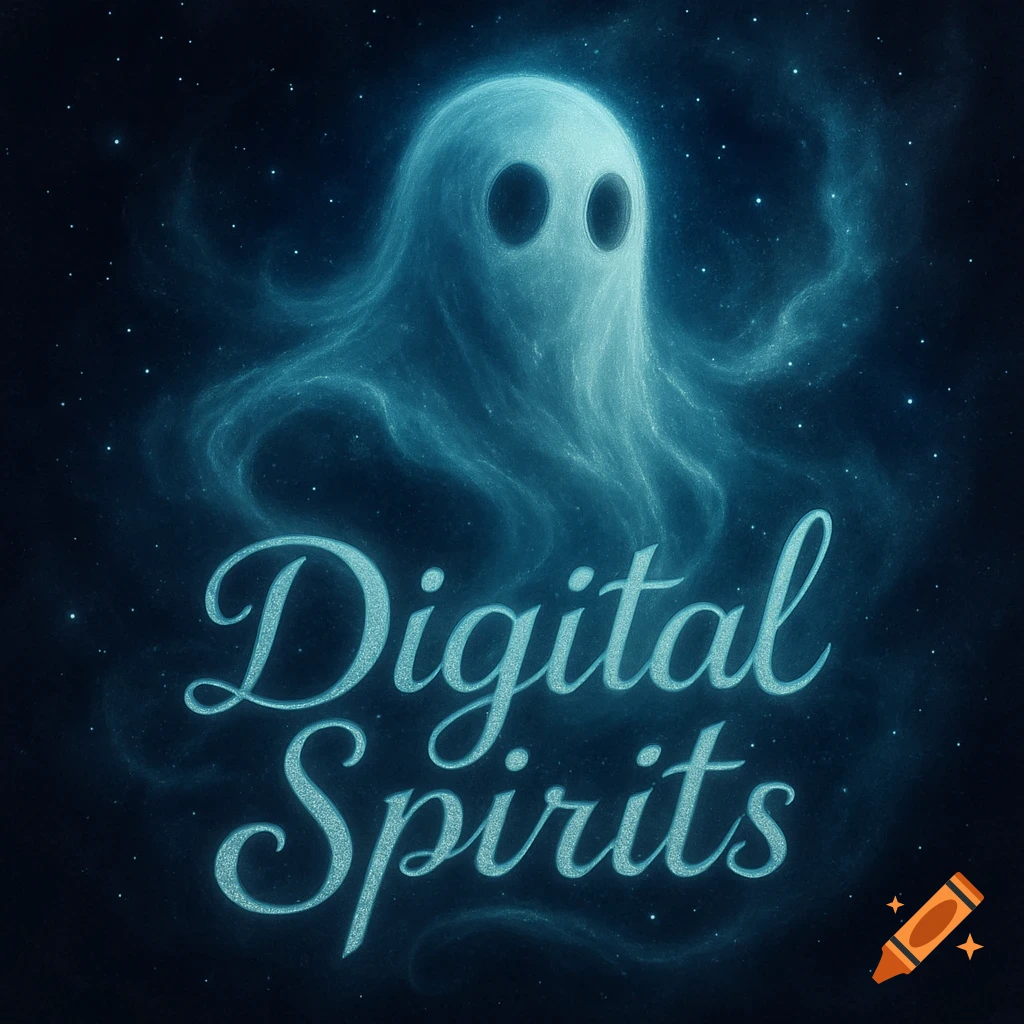 A glowing blue ghostly figure with big dark eyes floats above the sparkling text 'Digital Spirits' against a dark, star-filled cosmic background.