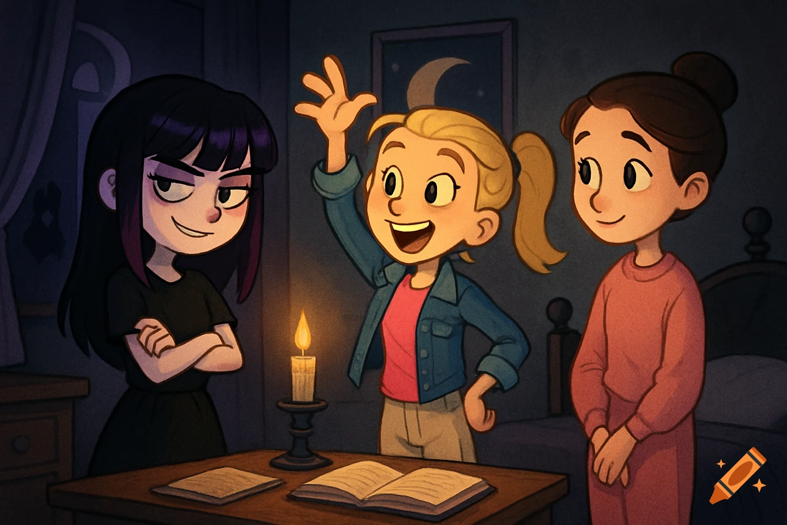 Three cartoon girls gather around a candlelit table with open books in a dim room; one smirks, one raises a hand, one watches.