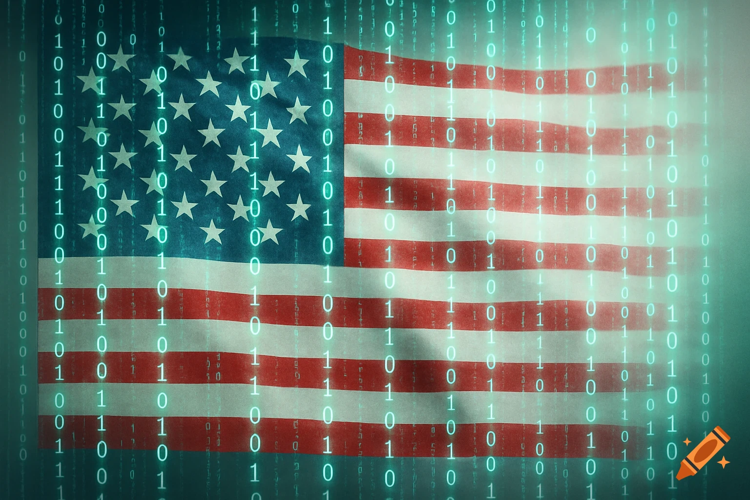 An American flag with a green digital binary code overlaying it ...