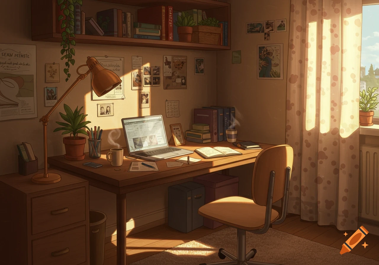 A cozy, sunlit student room with a desk, laptop, books, plants, and a comfortable chair, in a warm, illustrative style.
