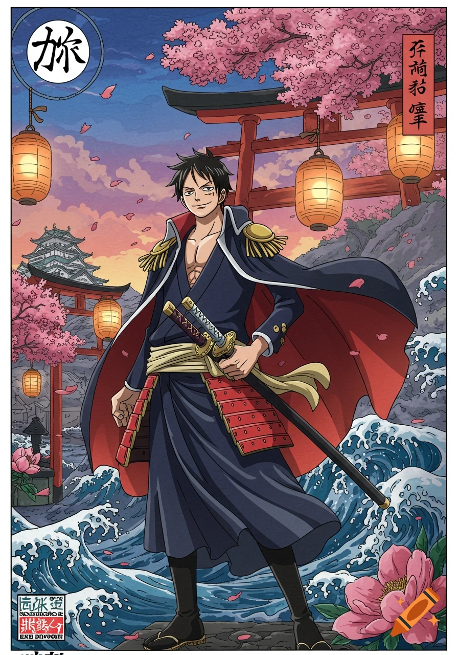 Anime character Luffy in a samurai outfit, holding a katana, amidst cherry blossoms and torii gates, with waves below.