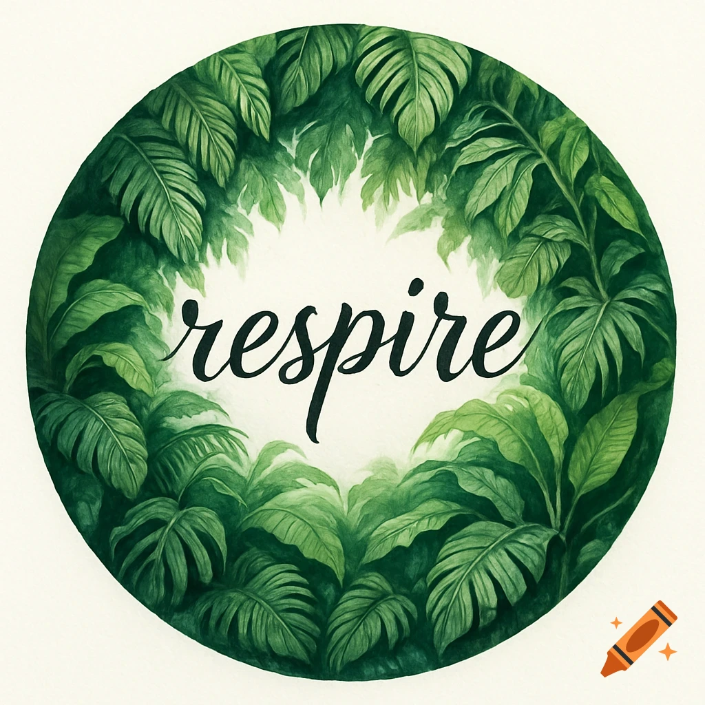 Round illustration of green jungle leaves forming a frame around the word 'respire' in black script on a white background.
