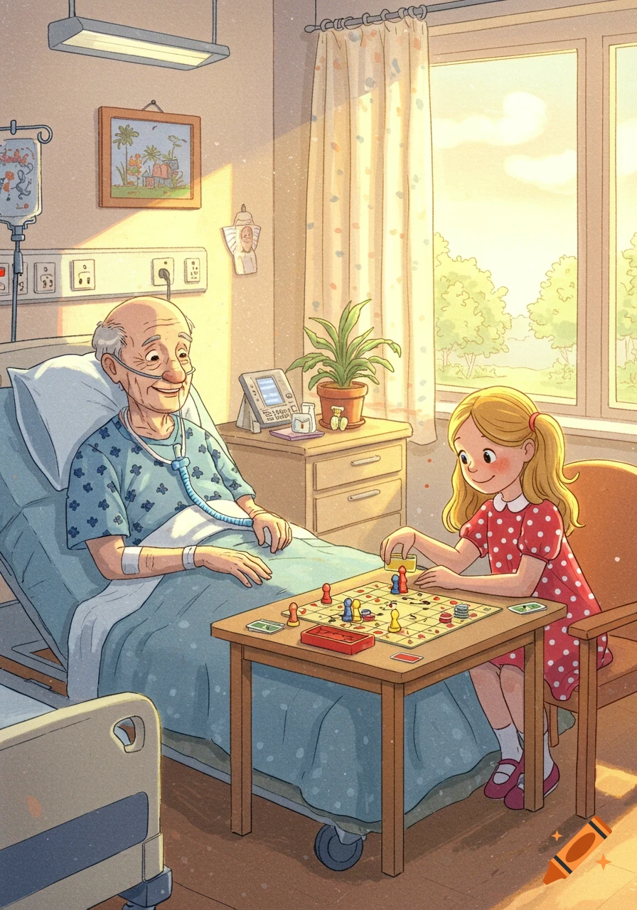 An elderly man in a hospital bed with a nasal cannula plays a board game with a smiling young girl in a red polka-dot dress, in a warm, stylized illustration.