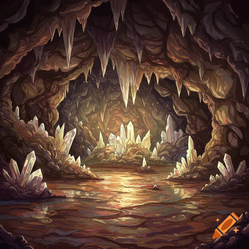 A vibrant 2D illustration of a cave interior, filled with glowing crystals and stalactites, reflecting in a pool of water.