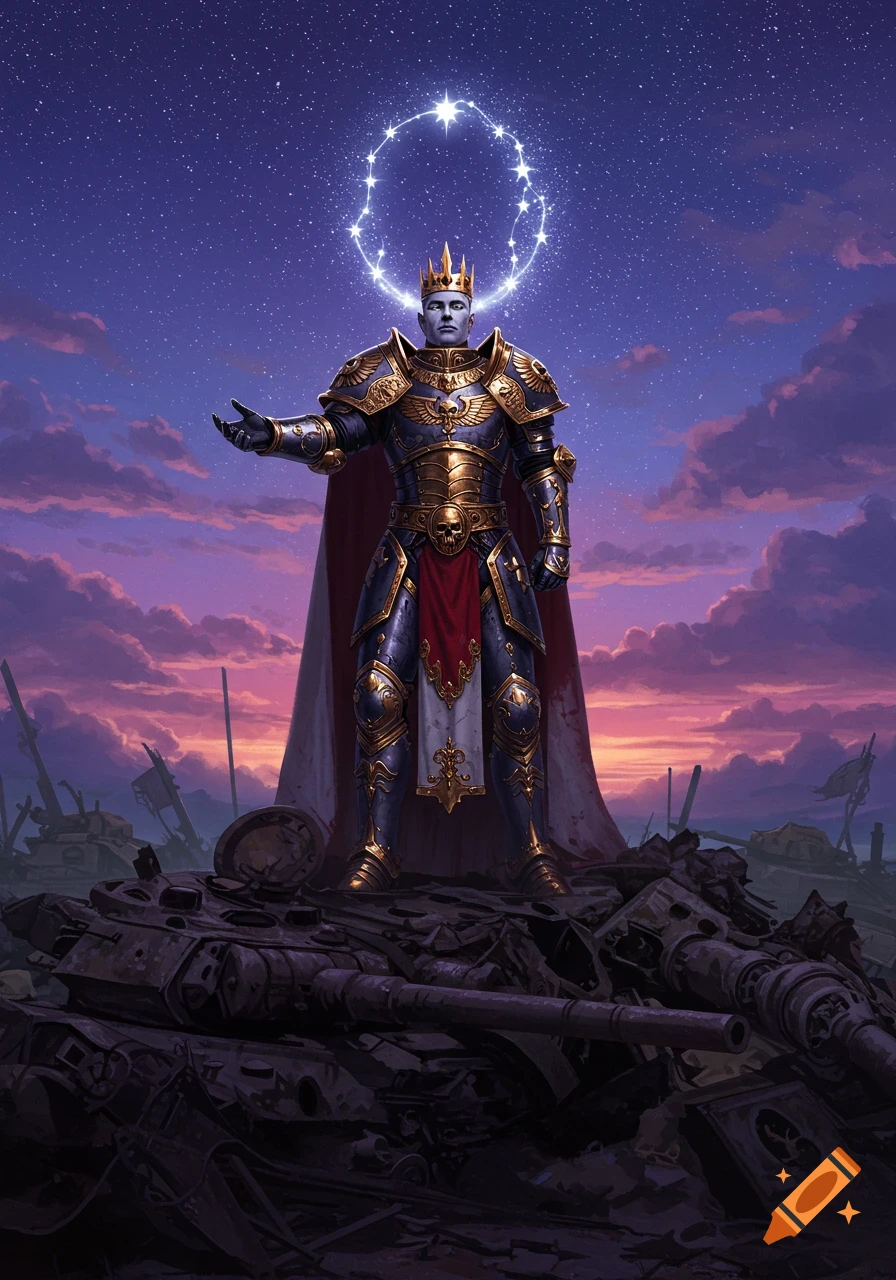 A regal warrior in golden and blue armor, wearing a crown and a red cape, stands on a mound of destroyed tanks. A luminous halo of stars shines above his head against a dramatic purple and blue starry sky.