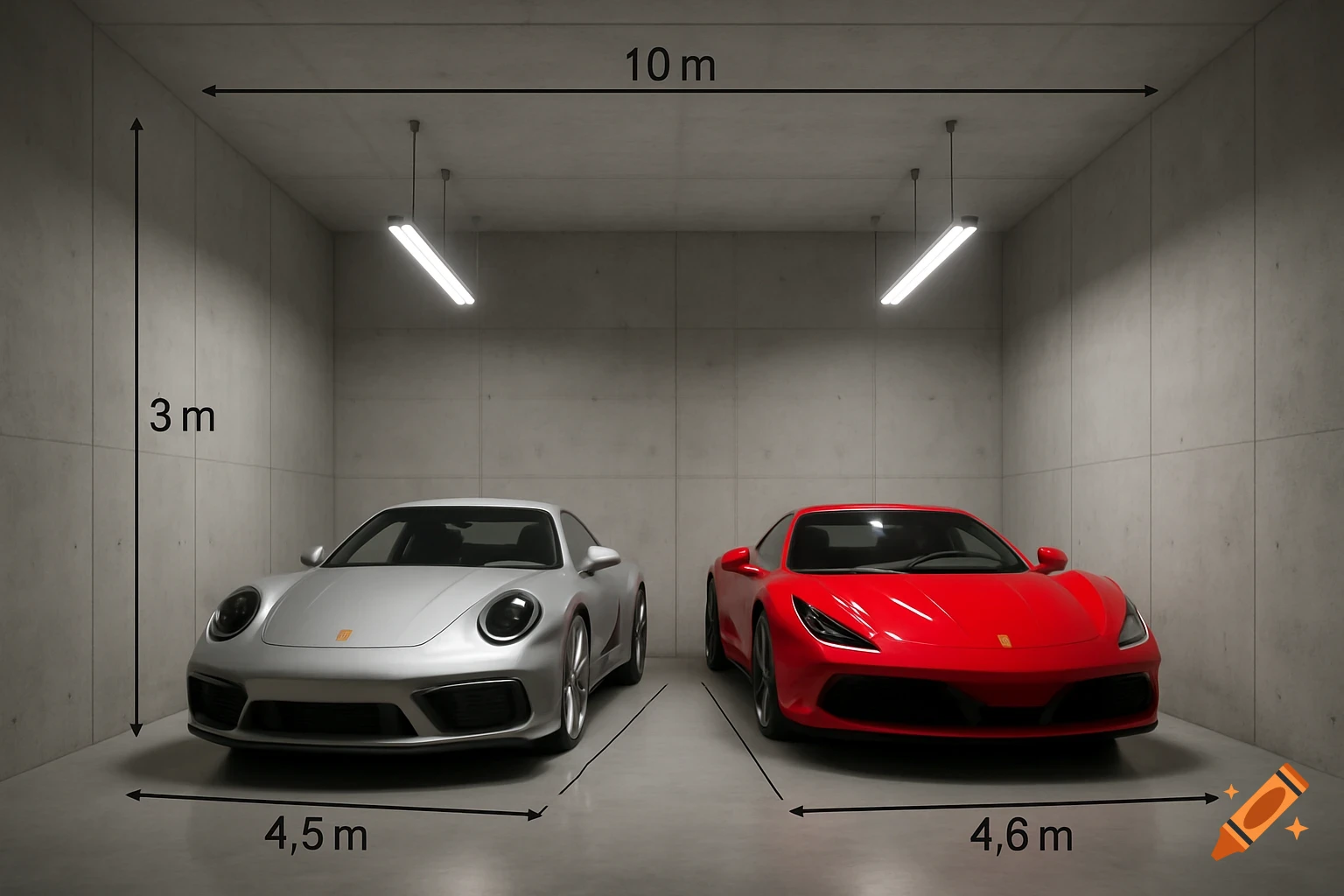 Two sports cars, one silver and one red, parked in a concrete garage with dimensions labeled as a diagram. The garage is 10m wide and 3m high, with cars measuring 4.5m and 4.6m in length.