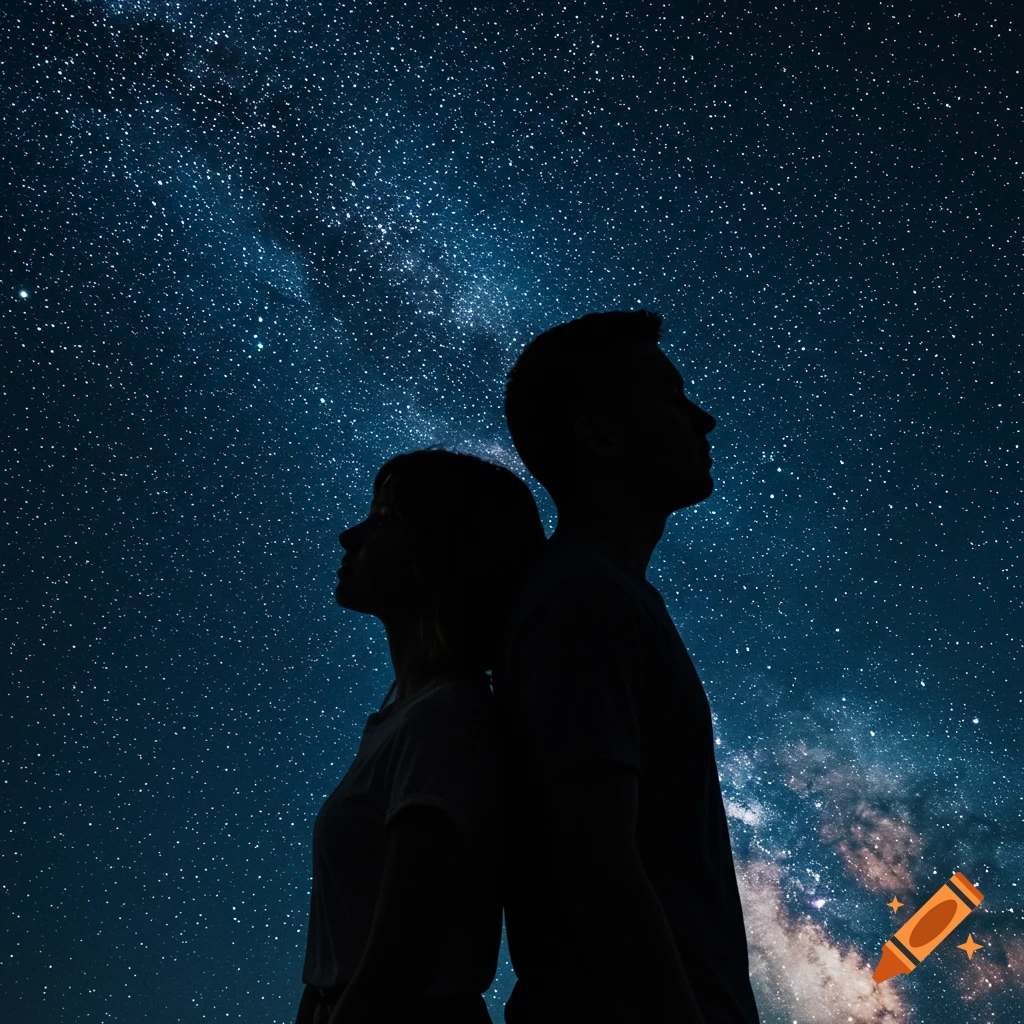 Silhouettes of a man and woman standing back-to-back under a beautiful starry night sky, looking up.