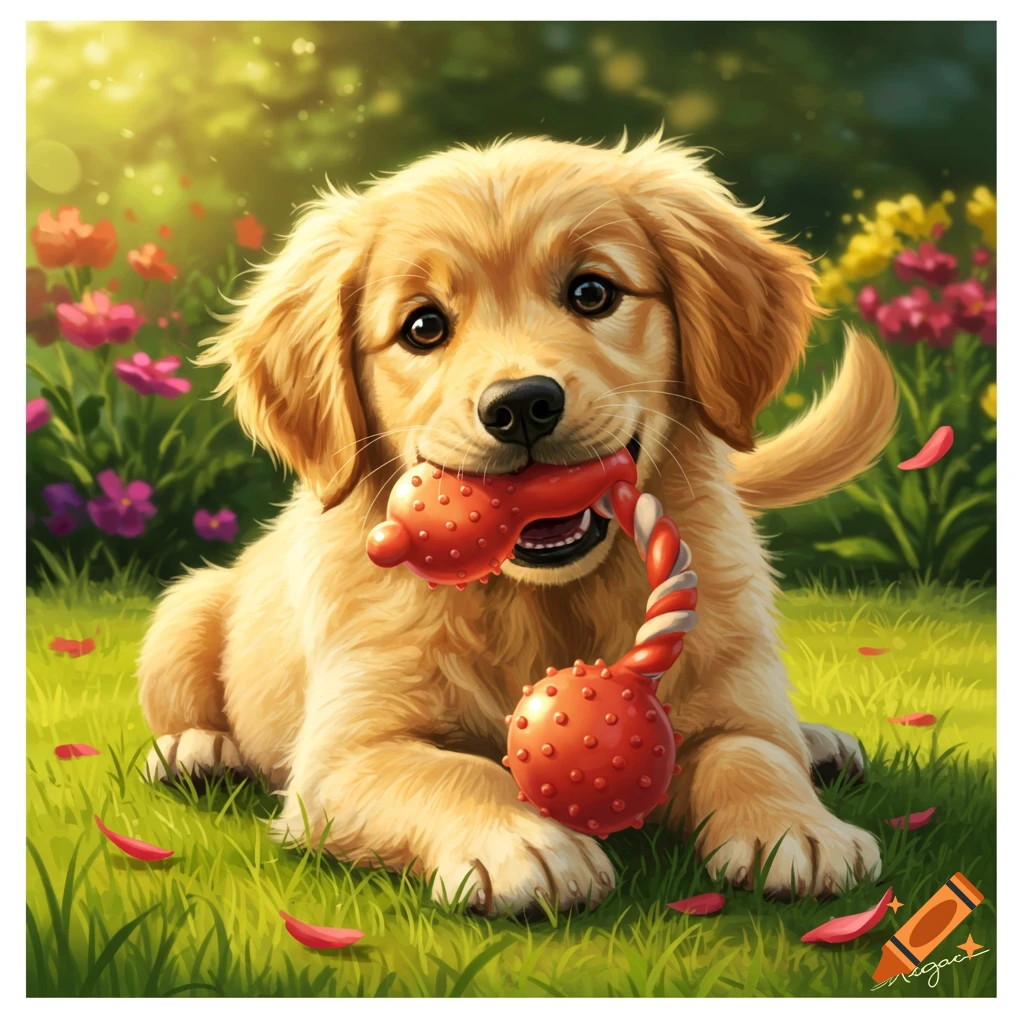 A cute golden retriever puppy with a red squeaky toy in its mouth, lying in a sunny green field with flowers.