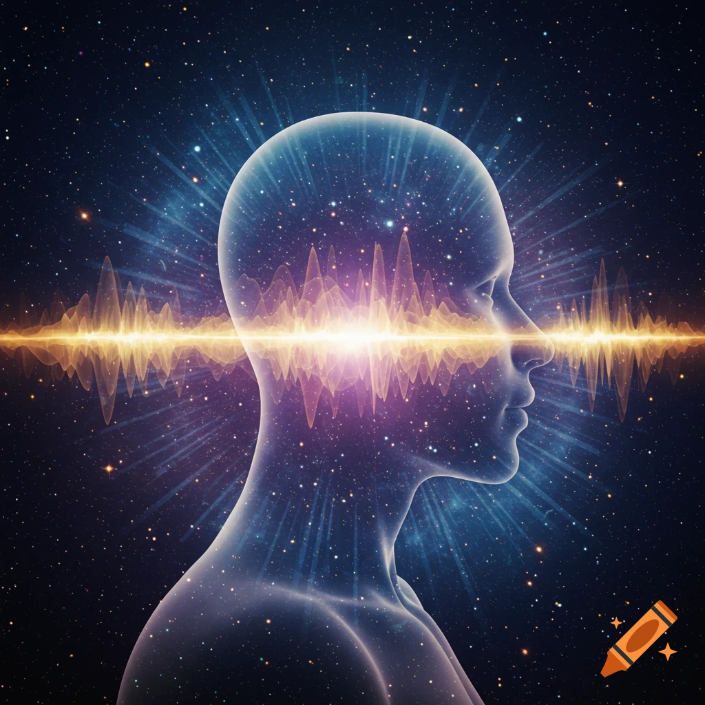Translucent profile of a human head and torso filled with stars and light rays, with a vibrant soundwave graphic passing through it against a cosmic background.