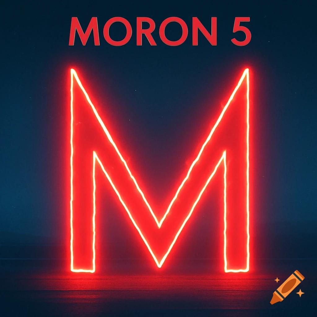 A red neon sign displays "MORON 5" above a large, glowing red neon letter M on a dark background.