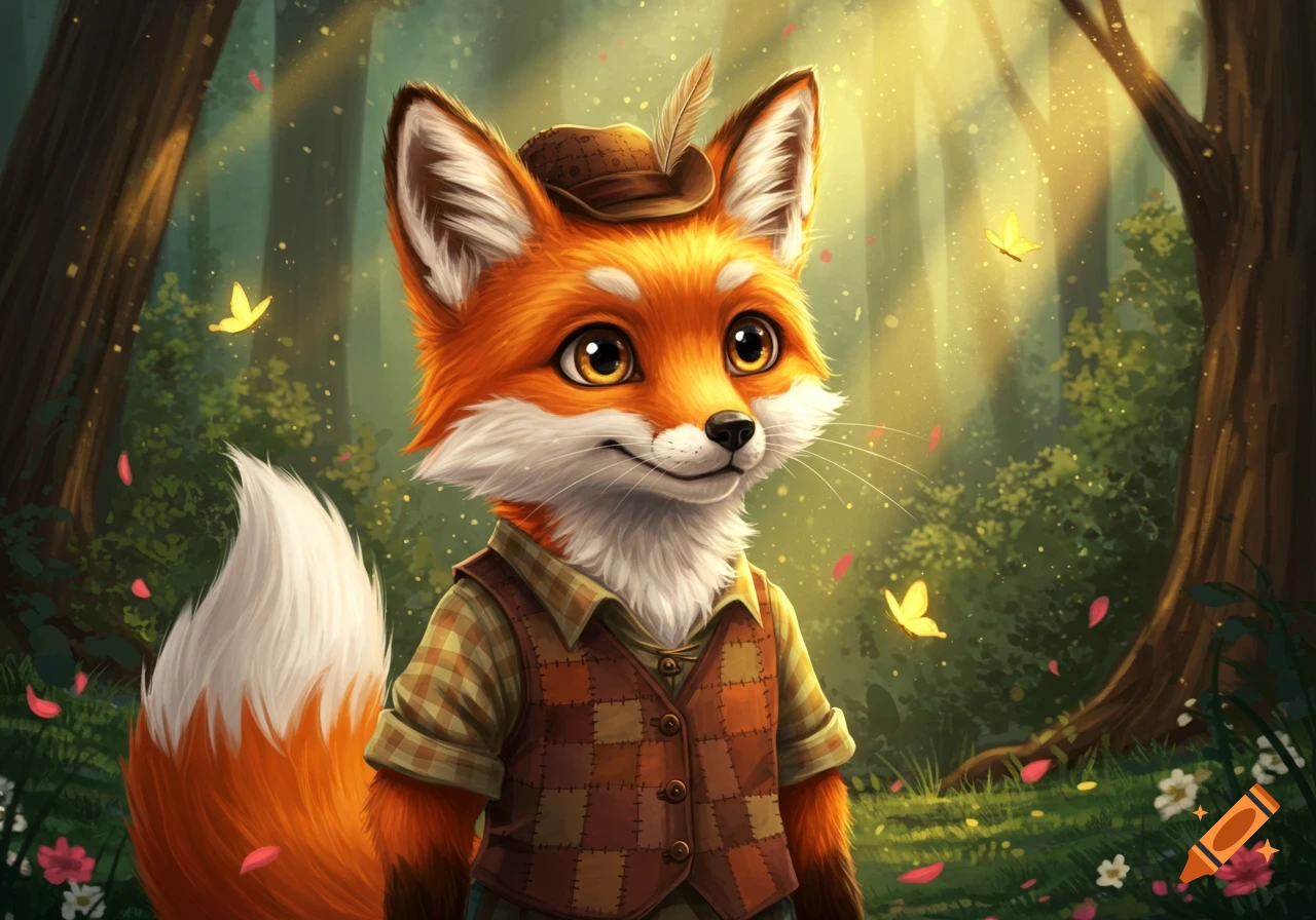 A cute, stylized orange fox wearing a hat and checkered vest stands in a sunlit forest, surrounded by butterflies and flowers.