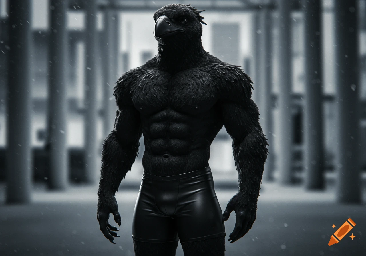A muscular black anthro bird in tight black leather shorts stands in a dark, snowy urban setting, photorealistic style.