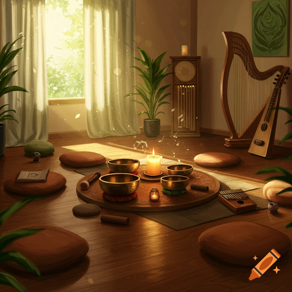 A sunlit, peaceful room with meditation cushions, singing bowls, a lit candle, harp, guitar, and plants.