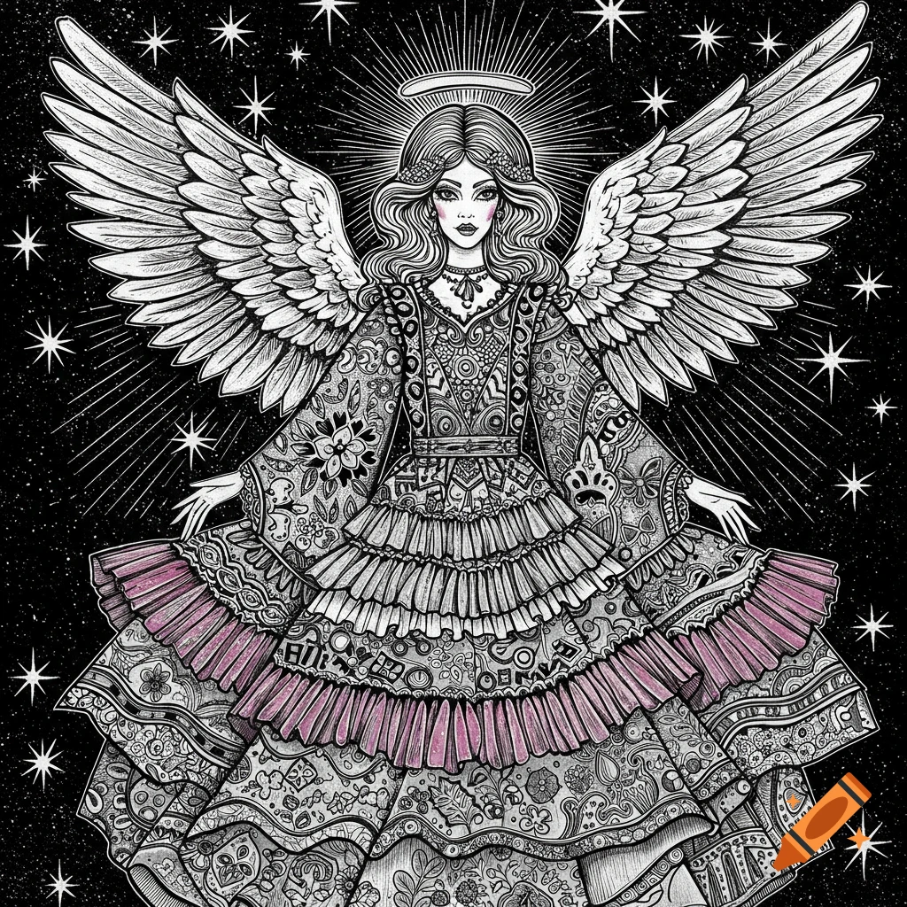 A whimsical lino print drawing of an angel with large wings, a halo, and an elaborately patterned, tiered dress with pink ruffles against a starry night sky.
