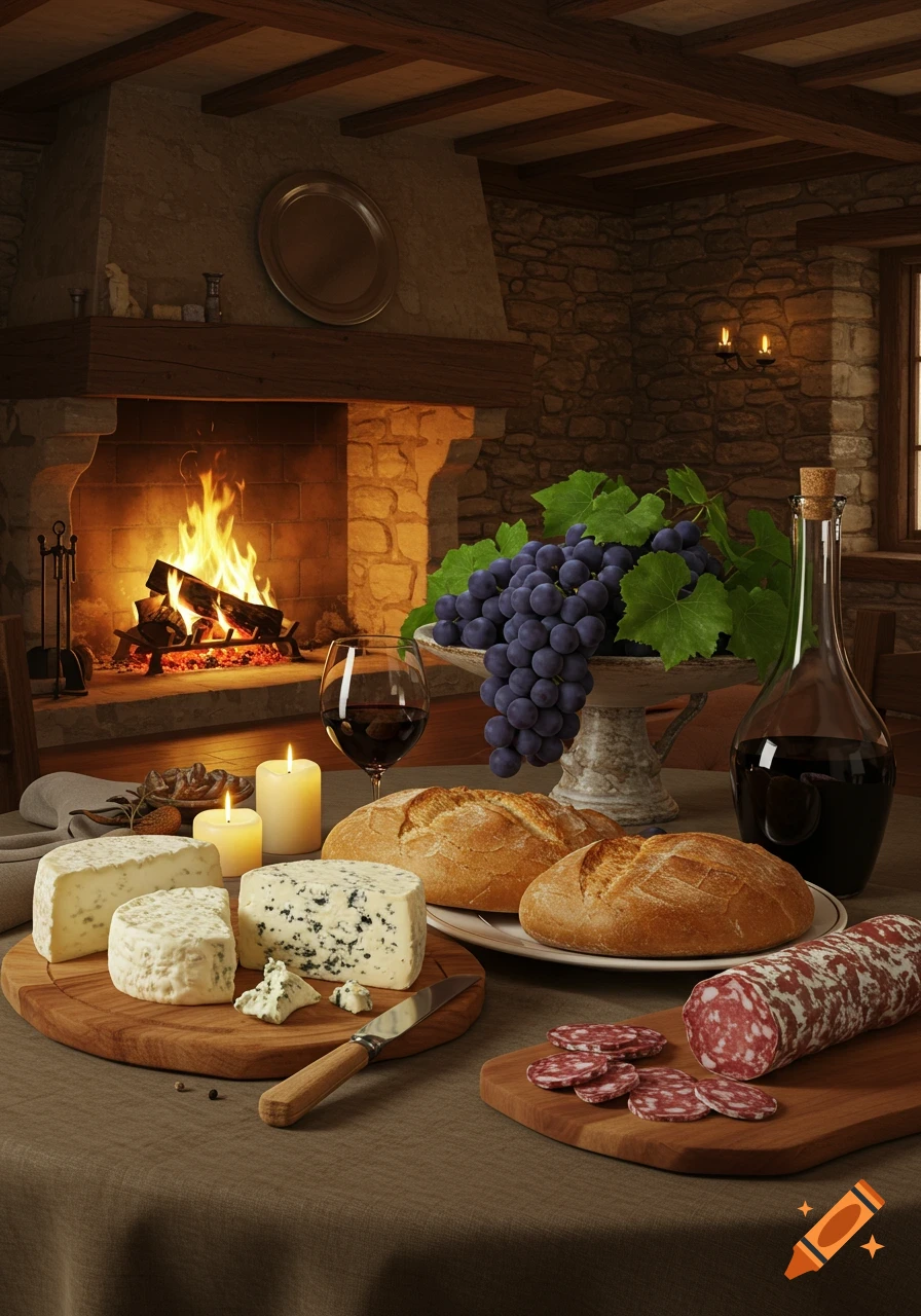 A photorealistic still life of a rustic table spread with cheese, bread, grapes, wine, and salami, set before a crackling fireplace.