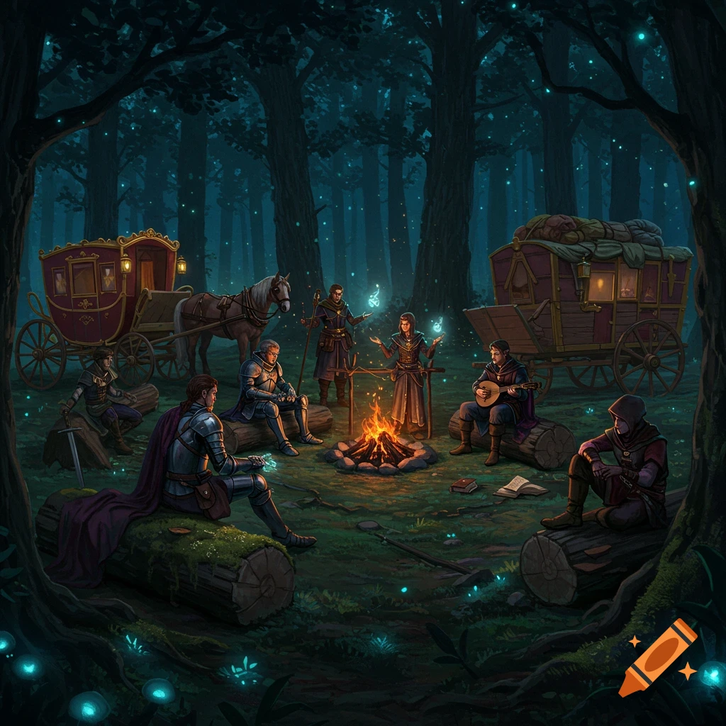 A group of fantasy adventurers, including a knight, wizard, sorcerer, bard, and rogue, camp around a fire in a dark, magical forest at night with carriages.