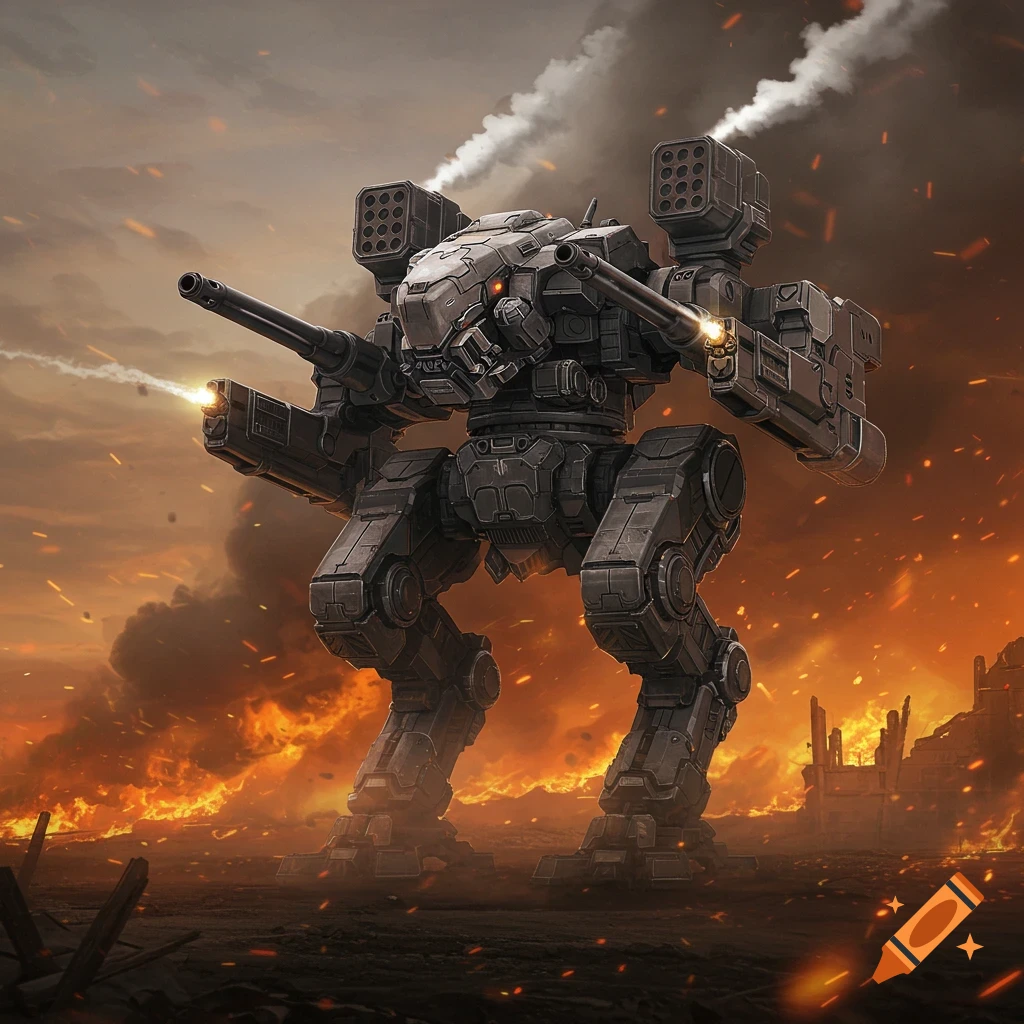 A heavily armed dark grey bipedal mecha with cannons and missile silos fires in a fiery, smoke-filled battlefield.