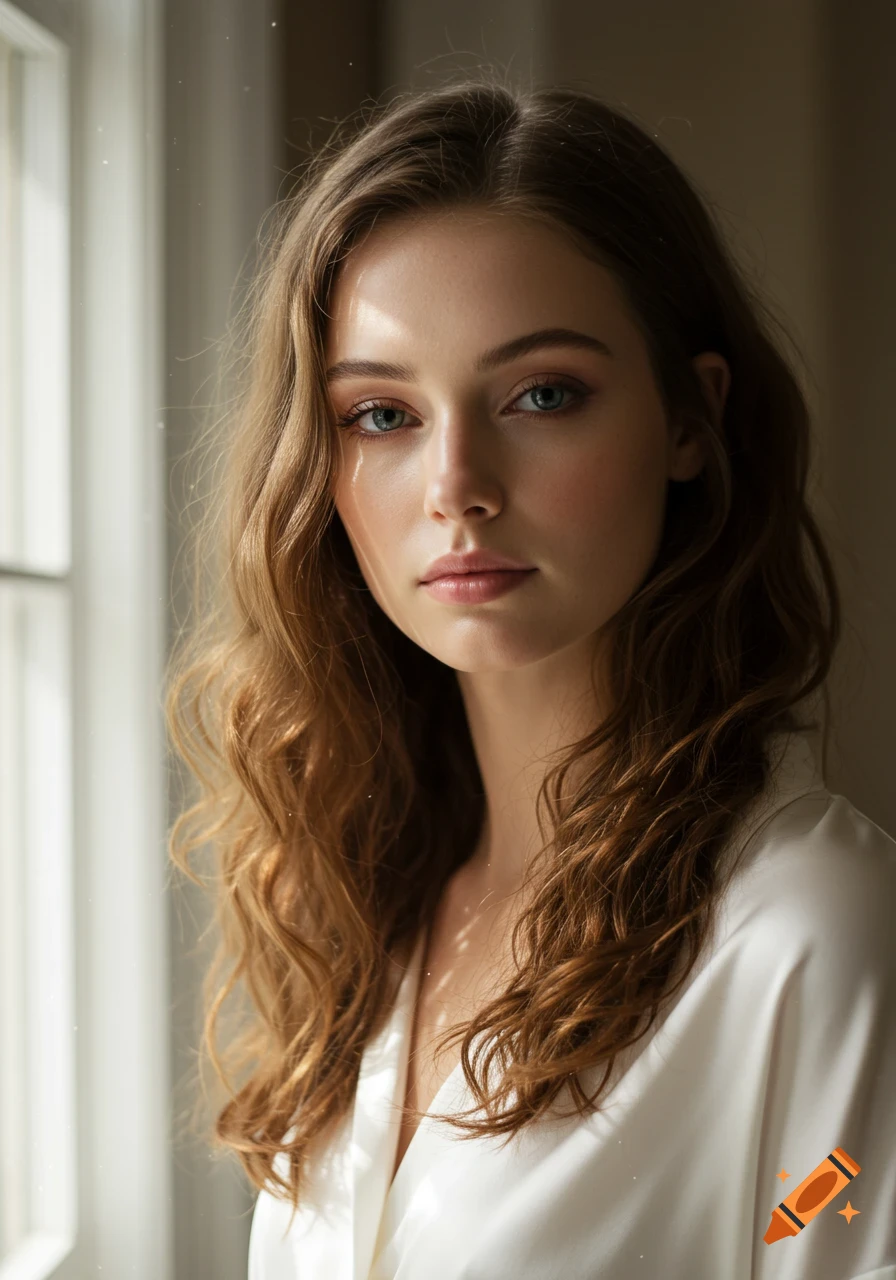 Ultra-realistic portrait of a young woman with long wavy brown hair and blue eyes, wearing a white silk blouse, illuminated by soft daylight from a window.