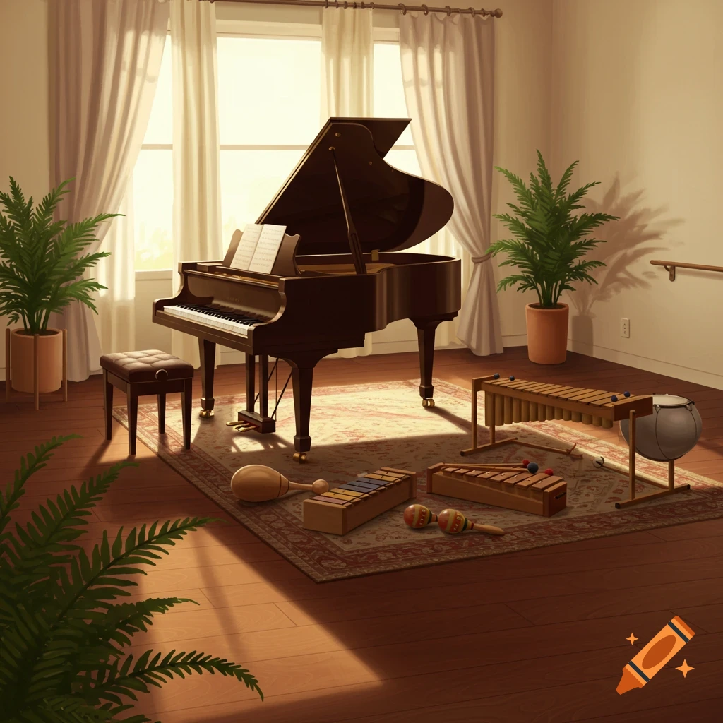 A sunlit music room with a grand piano, a stool, potted plants, and Orff instruments on a patterned rug.
