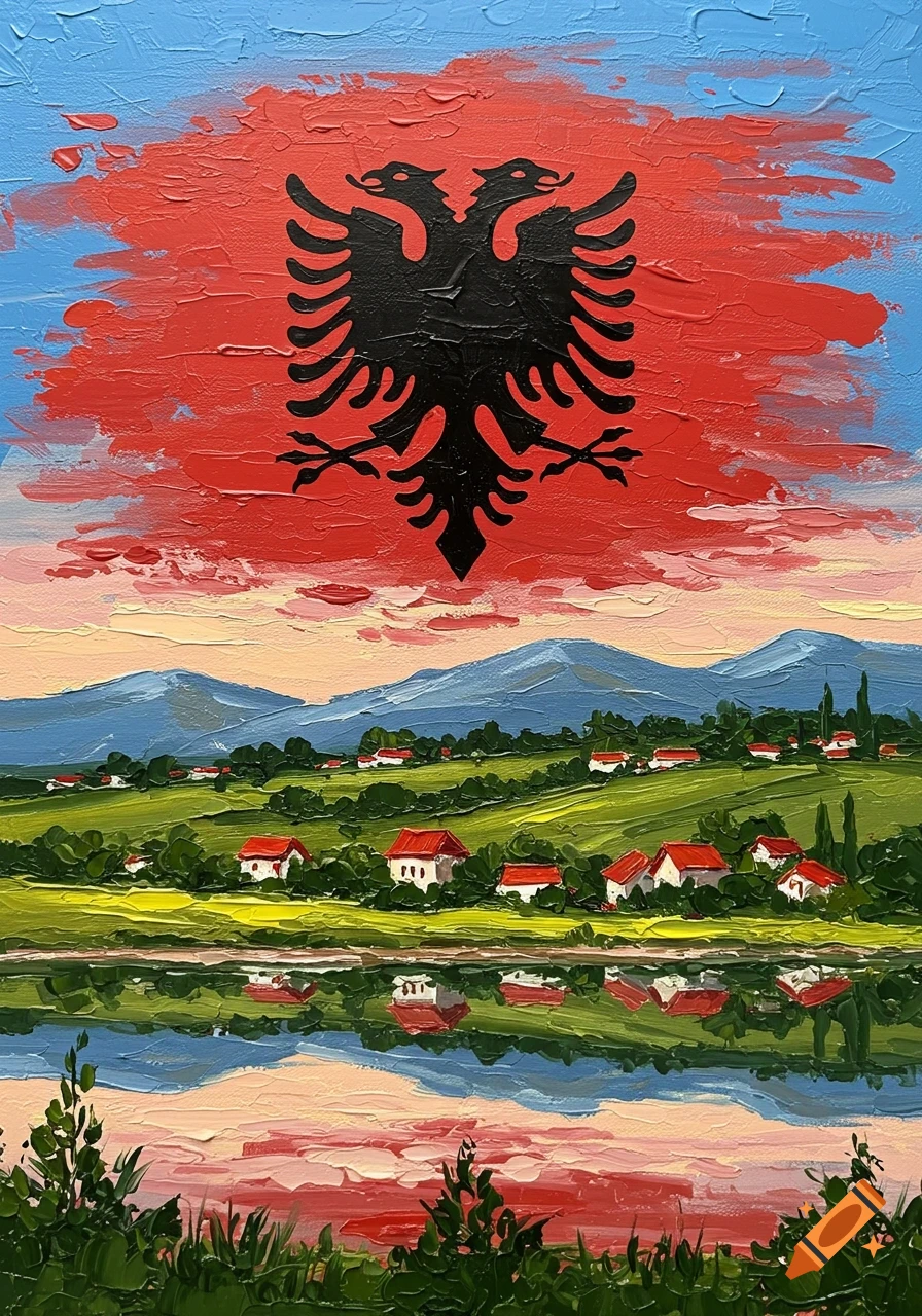 Impasto oil painting of a green landscape with white houses and a lake, beneath a red and black double-headed eagle symbol against a blue sky.