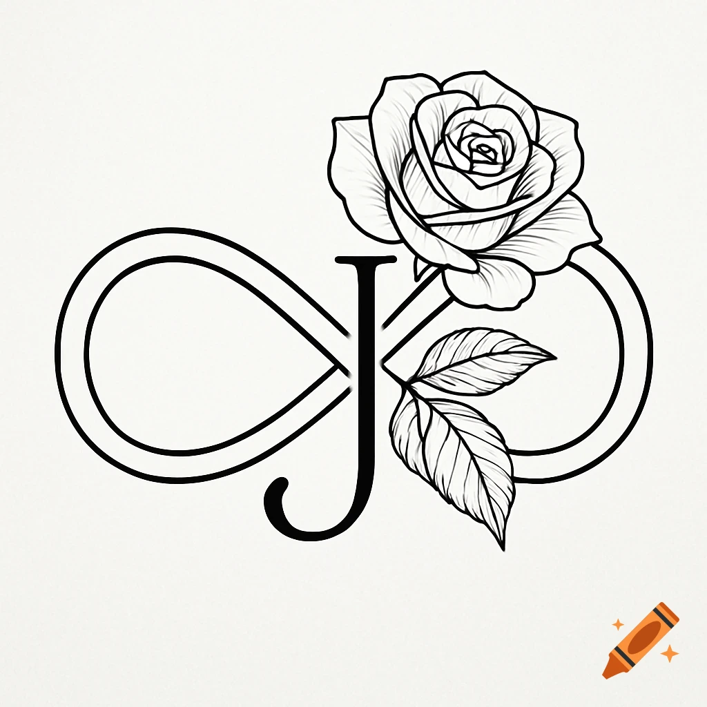 Black line art tattoo design featuring an infinity symbol intertwined with a decorative capital letter J and a rose with leaves.