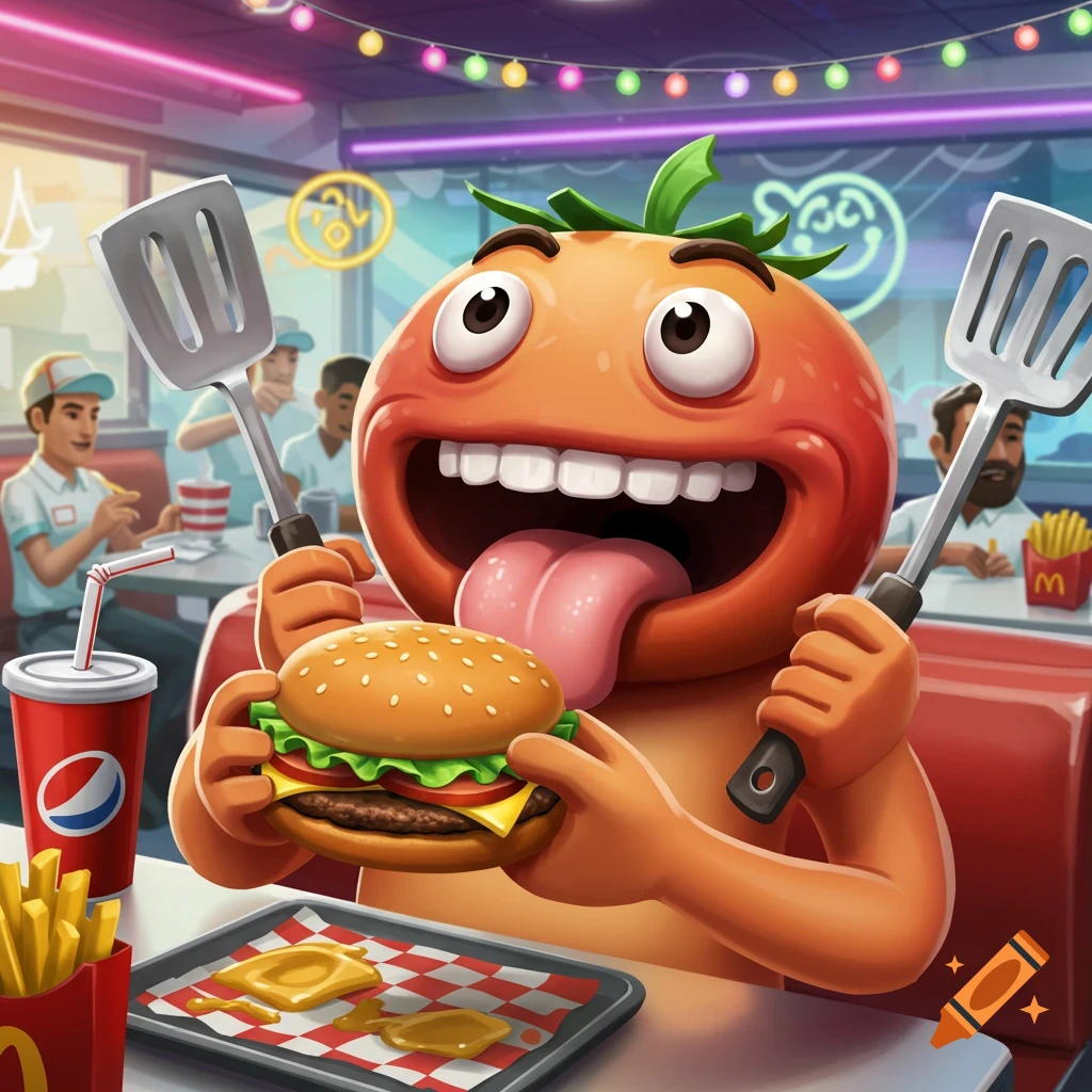 Cartoon tomato mascot happily eats a burger, holding spatulas, at a fast-food restaurant with fries and soda.
