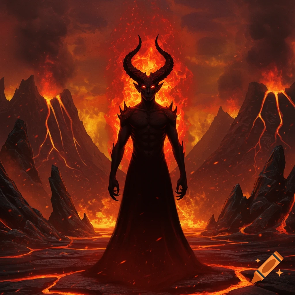 A dark, horned demon with glowing red eyes stands in a fiery volcanic landscape under a smoke-filled red sky.