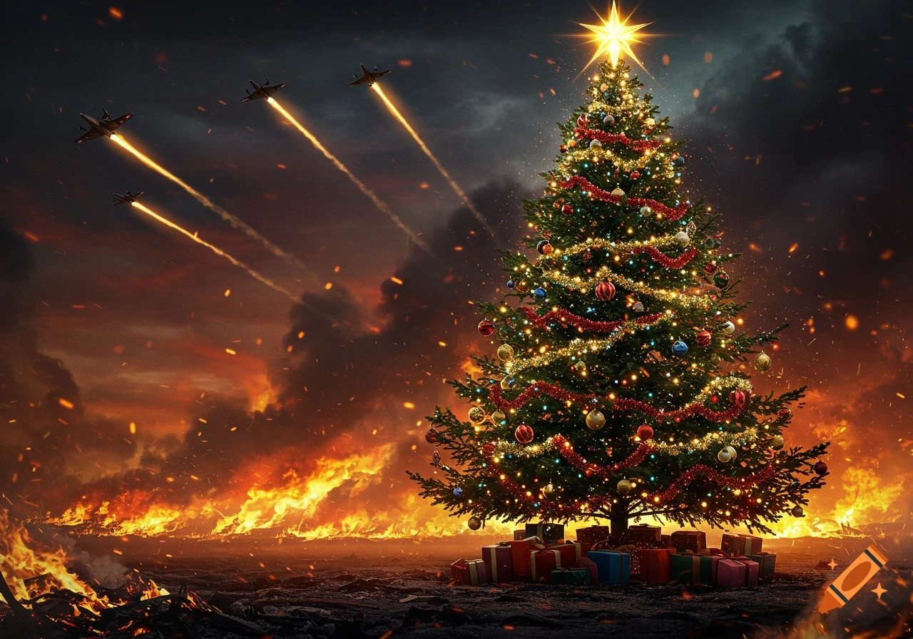 A decorated Christmas tree with presents stands in a fiery, apocalyptic landscape with fighter jets flying overhead.