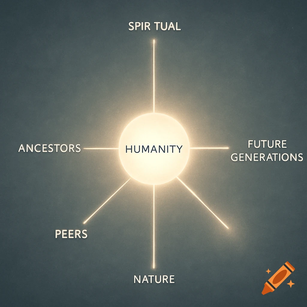 A conceptual diagram showing a glowing circle labeled 'HUMANITY' at the center, with radiant lines connecting to labels 'ANCESTORS', 'FUTURE GENERATIONS', 'PEERS', 'NATURE', and 'SPIR TUAL' on a dark textured background.