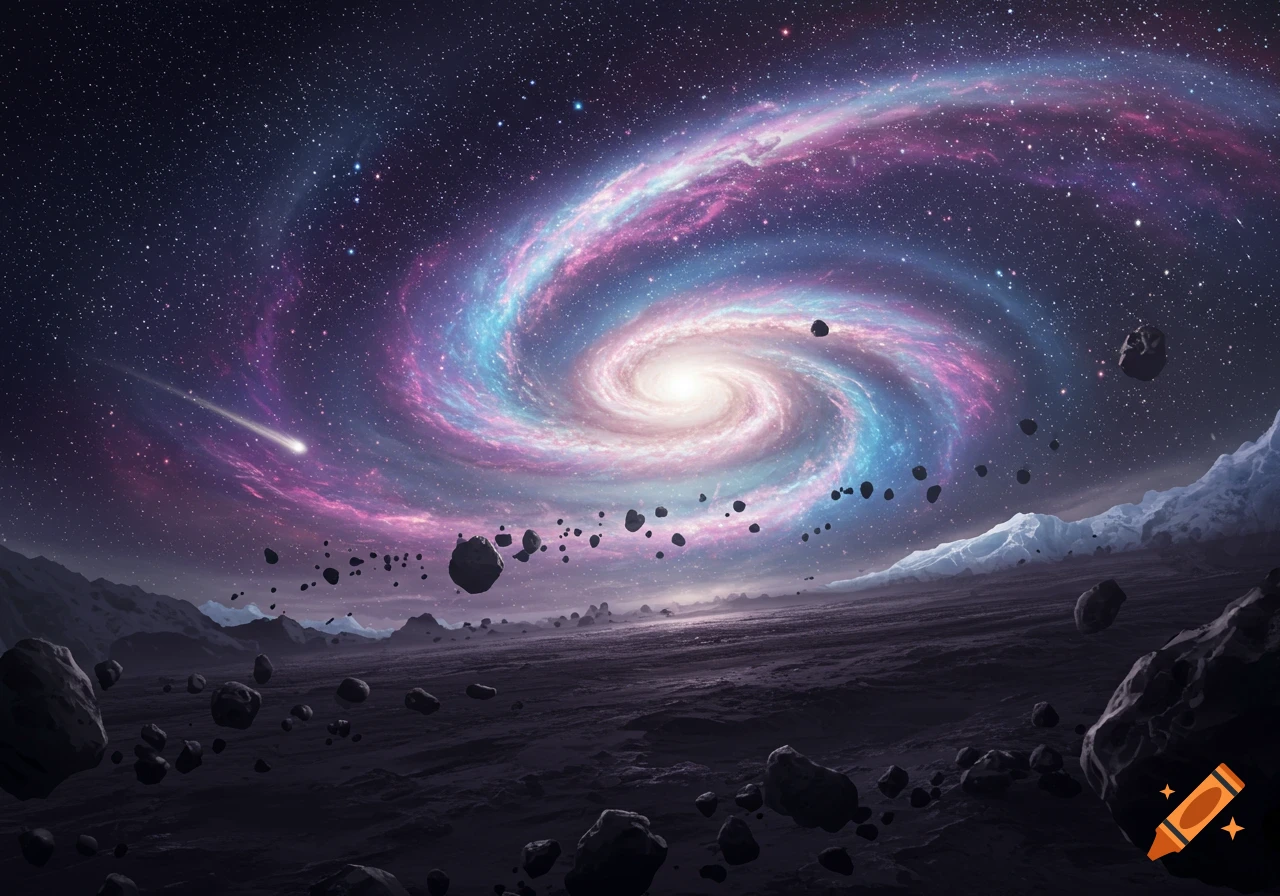 A vibrant spiral galaxy with blue and pink hues illuminates a dark, rocky alien planet strewn with asteroids and a distant comet.