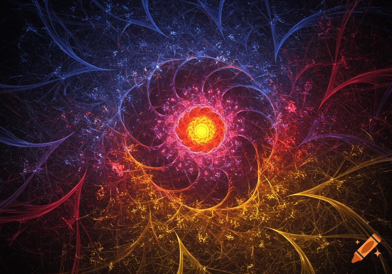 A vibrant, intricate fractal design with a glowing yellow-orange core, surrounded by swirling patterns of red, blue, and gold light on a dark background.