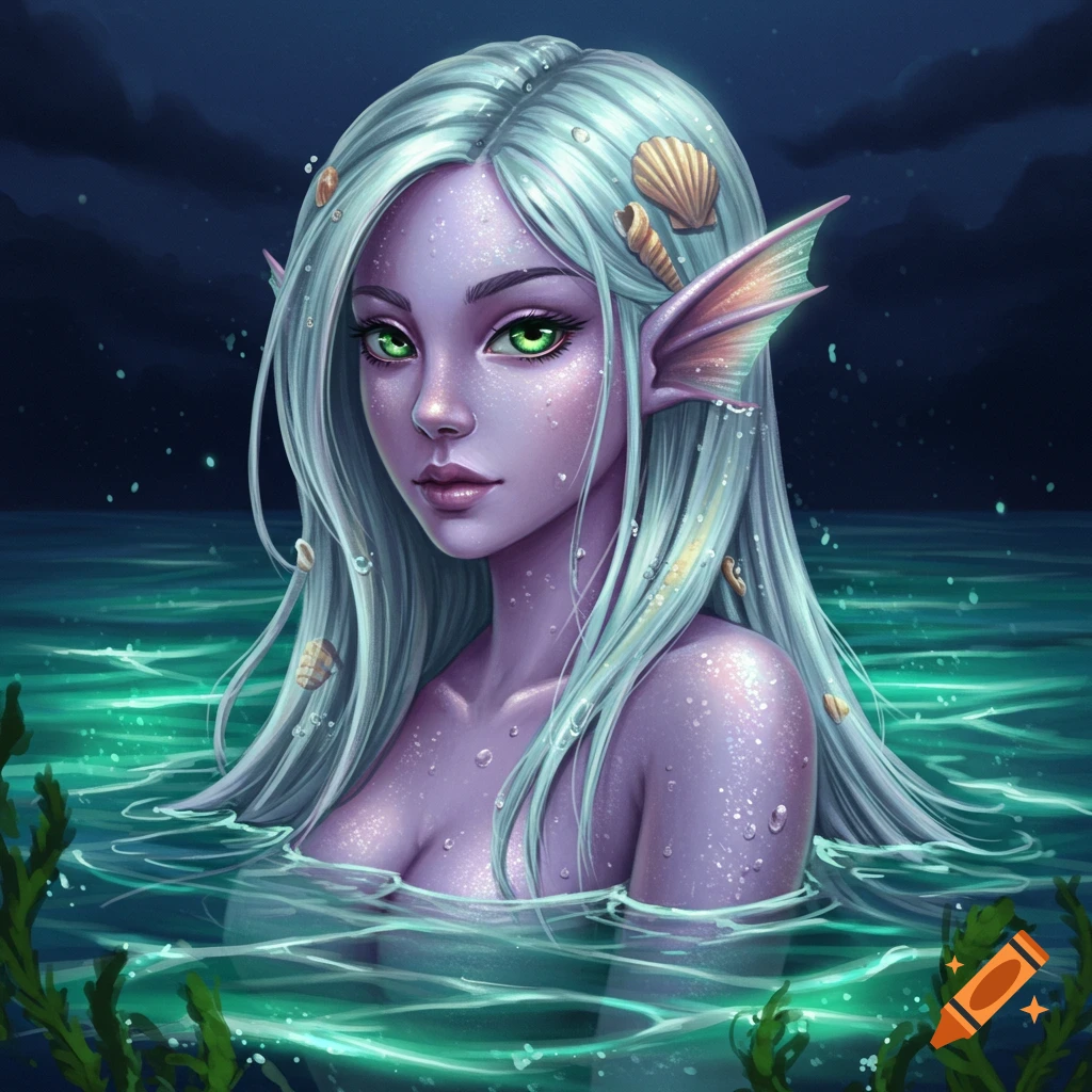 Illustrated fantasy portrait of a female water genasi with lilac skin, green eyes, fin ears, and pale blue hair with seashells, emerging from green water.