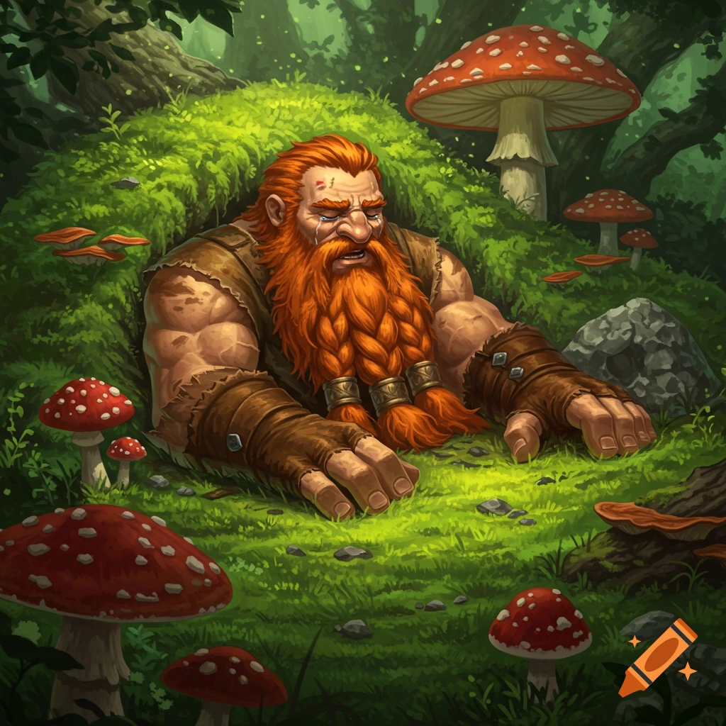 A sad, muscular dwarf with a long, braided red beard lies on mossy ground in a forest, surrounded by red-spotted mushrooms.