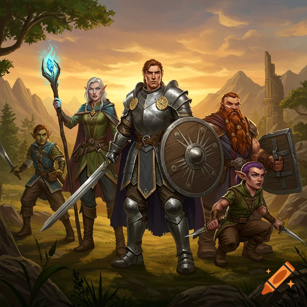 A group of diverse fantasy heroes including a knight, elf mage, dwarf, and rogue stand armed in a mountainous landscape at sunset.