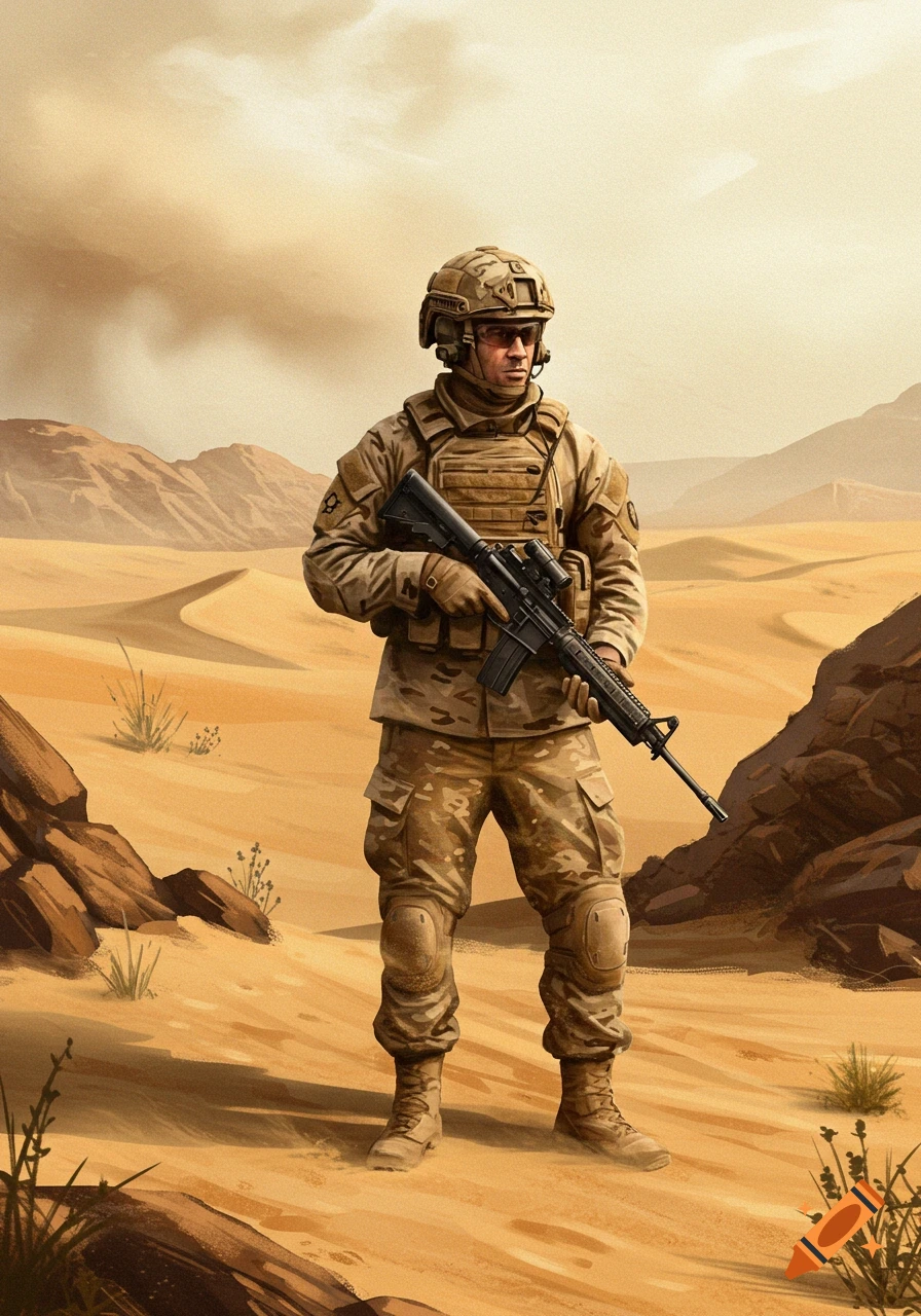 A soldier in desert camouflage, wearing a helmet and tactical gear, stands in a sandy desert holding a rifle, with dunes and mountains in the background.