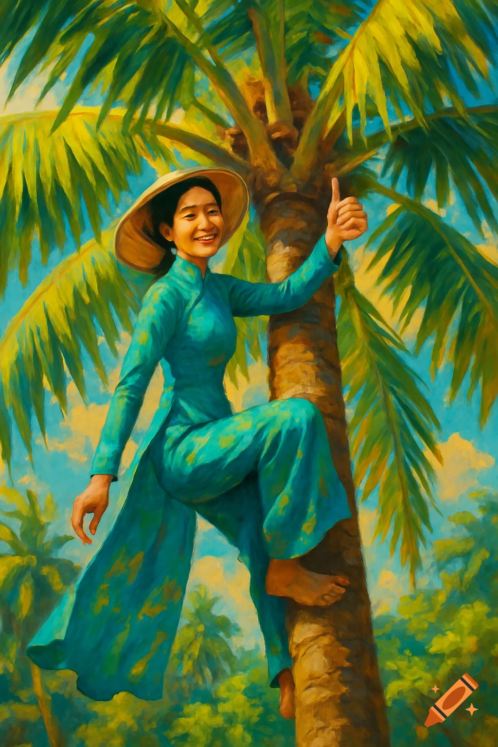A smiling Vietnamese woman in a traditional ao dai and conical hat climbs a palm tree, giving a thumbs-up, in a vibrant painterly style.