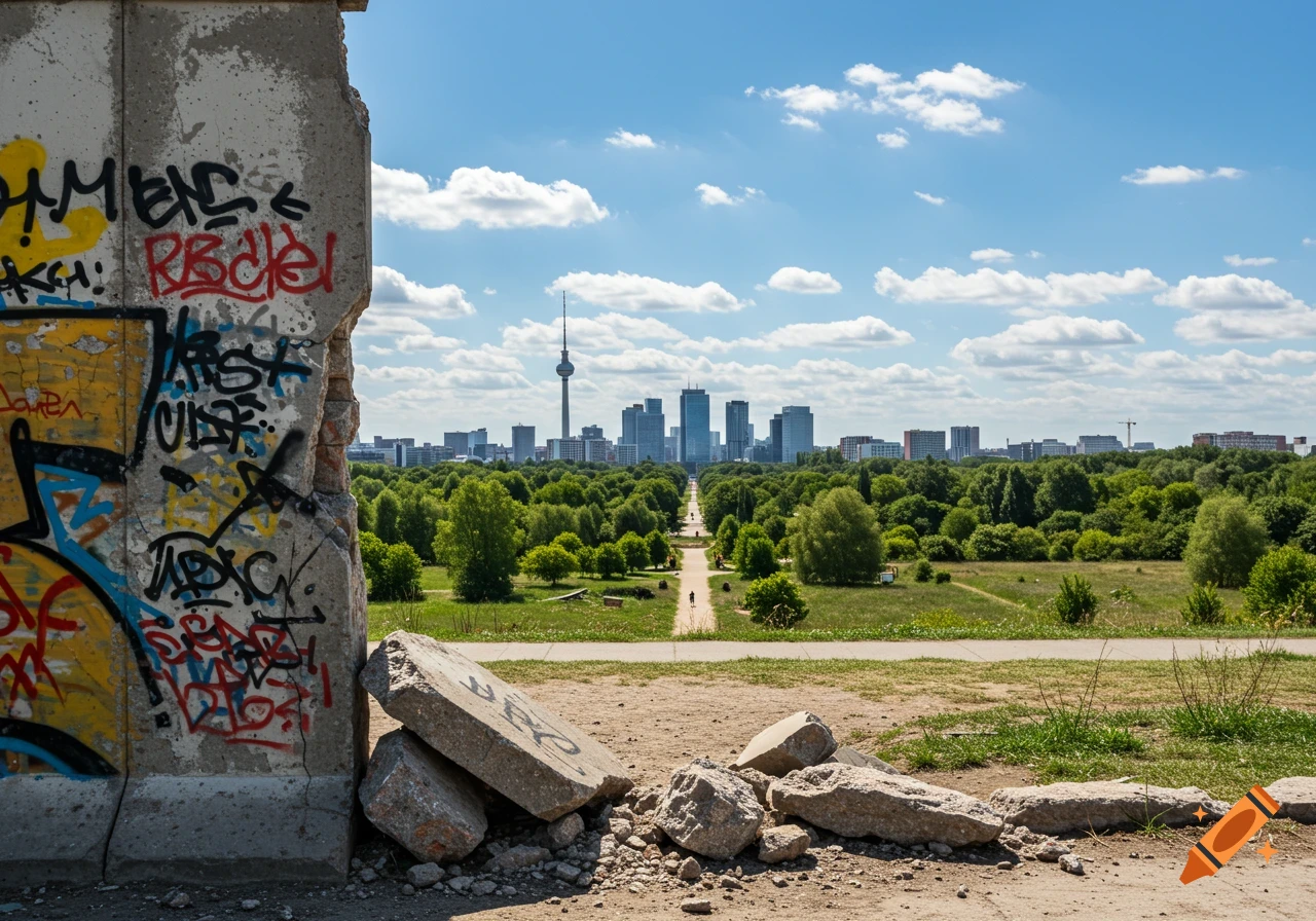 Photorealistic image of a broken Berlin Wall section with graffiti, overlooking a green park and a modern city skyline under a blue sky.