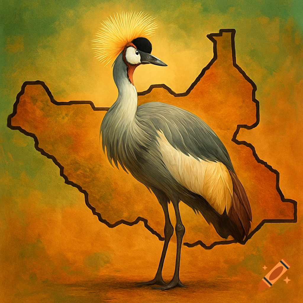 An illustrated gray crowned crane with a yellow crown stands before an orange and green map outline of South Sudan.