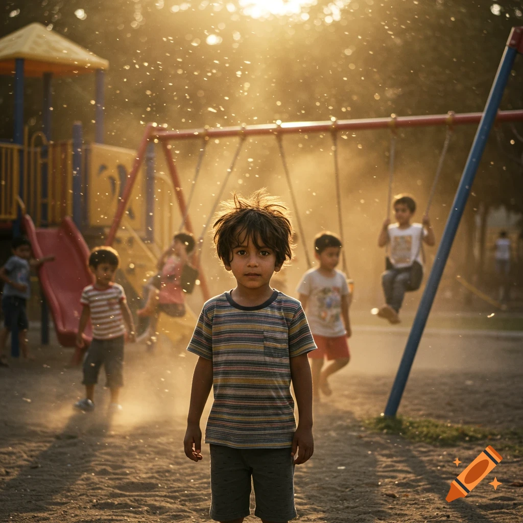 A young child stands in a dusty, sunlit playground, looking at the viewer, with other children playing on equipment in the background.