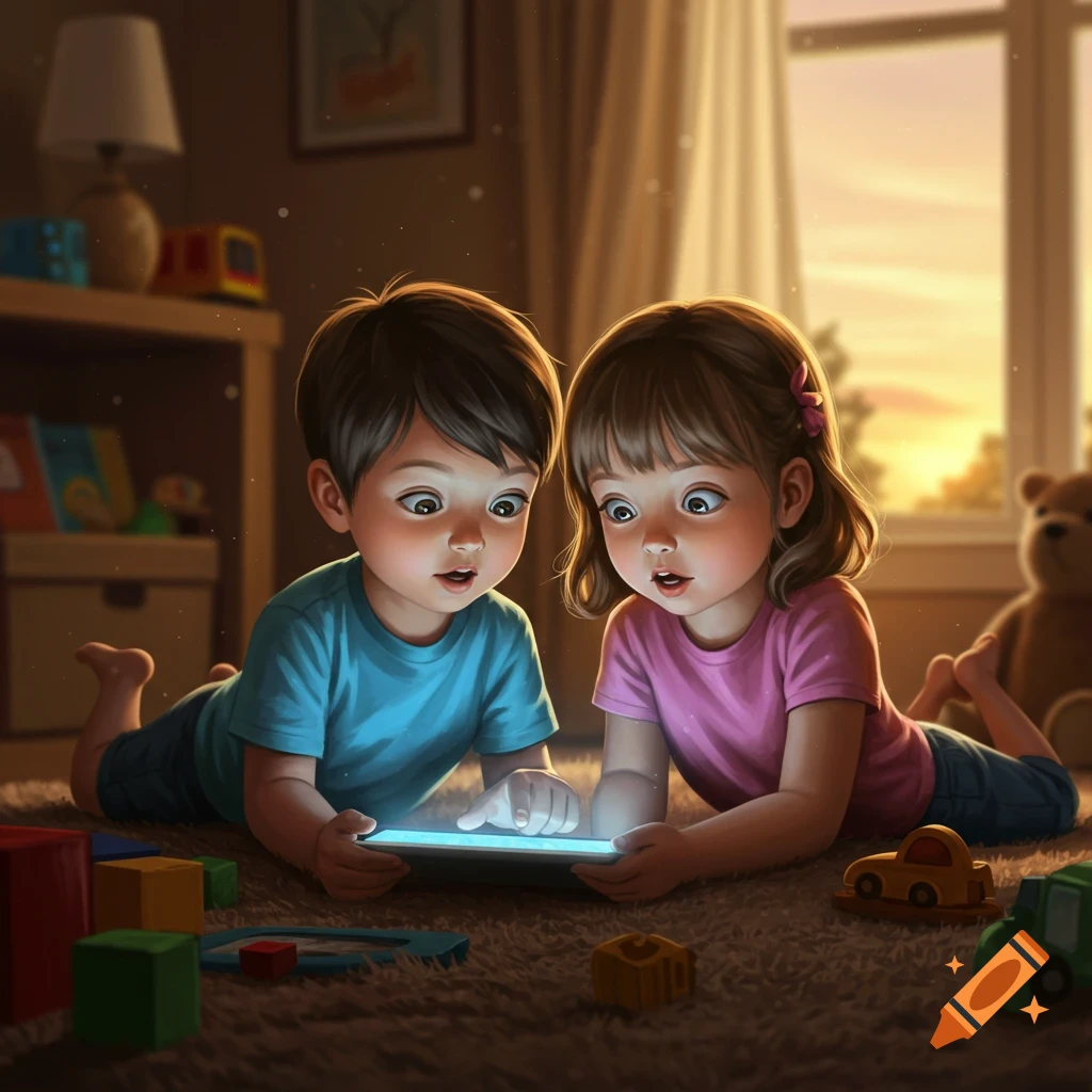Two young children lie on a rug, mesmerized by a glowing tablet, surrounded by toys in a warm-lit room. Digital art.