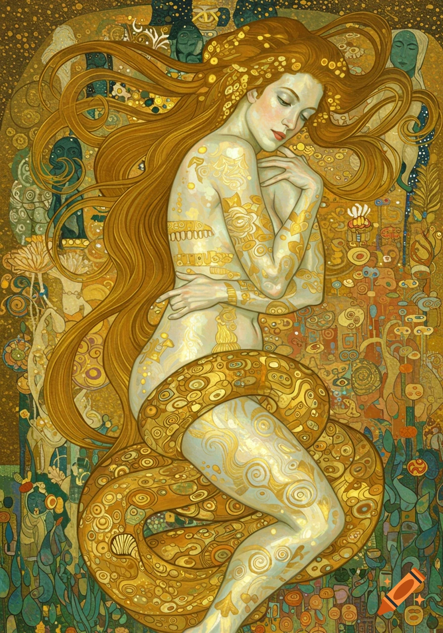 A woman with long flowing golden hair, adorned with golden patterns, embraces herself while a golden snake wraps around her. Klimt-style painting.